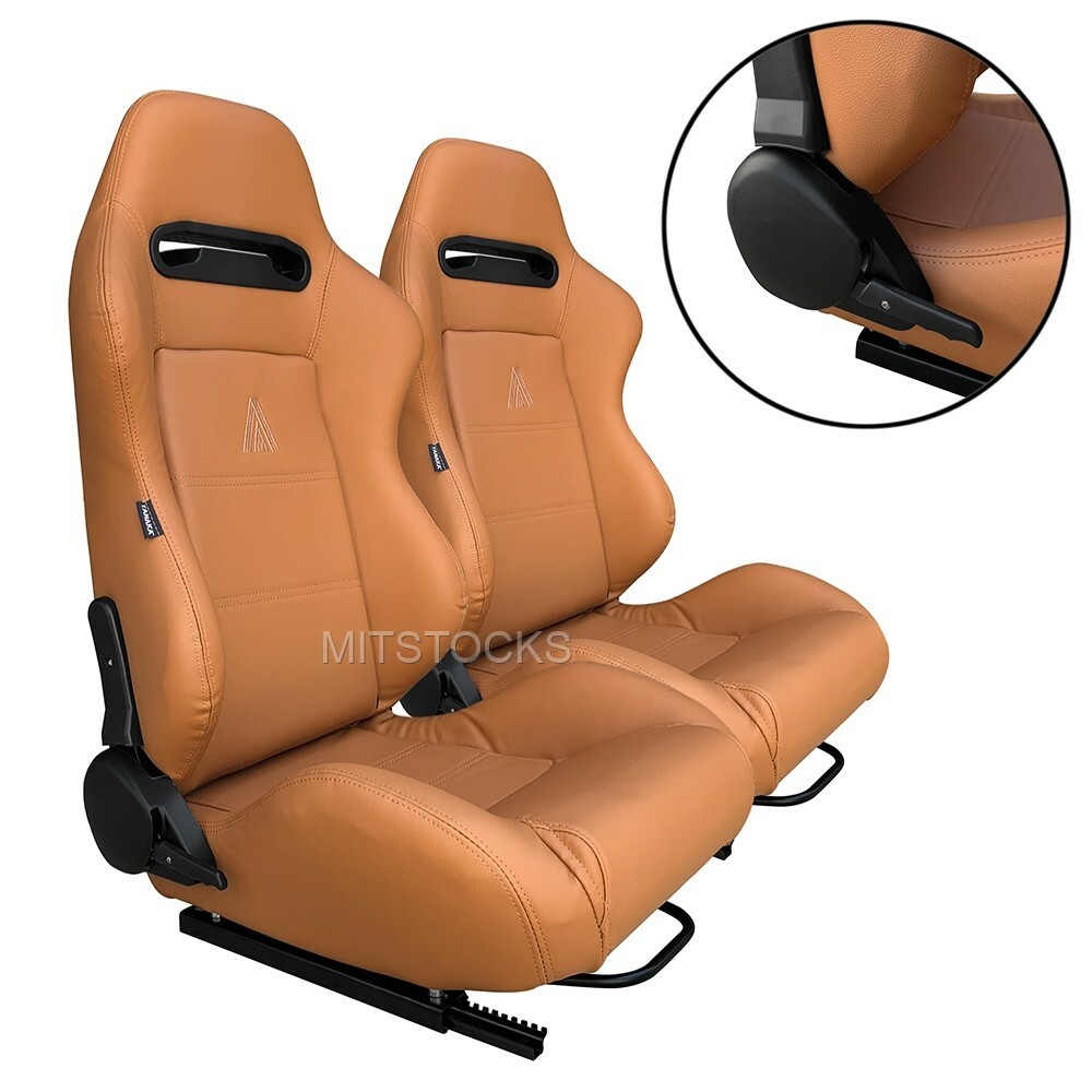 2 X TANAKA TAN PVC LEATHER RACING SEATS RECLINABLE + SLIDERS FITS FOR CHEVY **