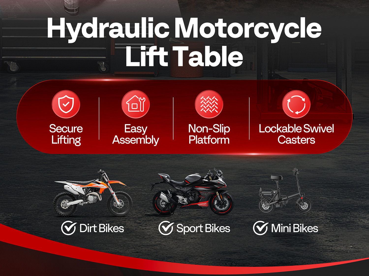 350lbs Hydraulic Motorcycle Lift Table ATV Dirt Bike Scissor Jack Stand 4 Wheels