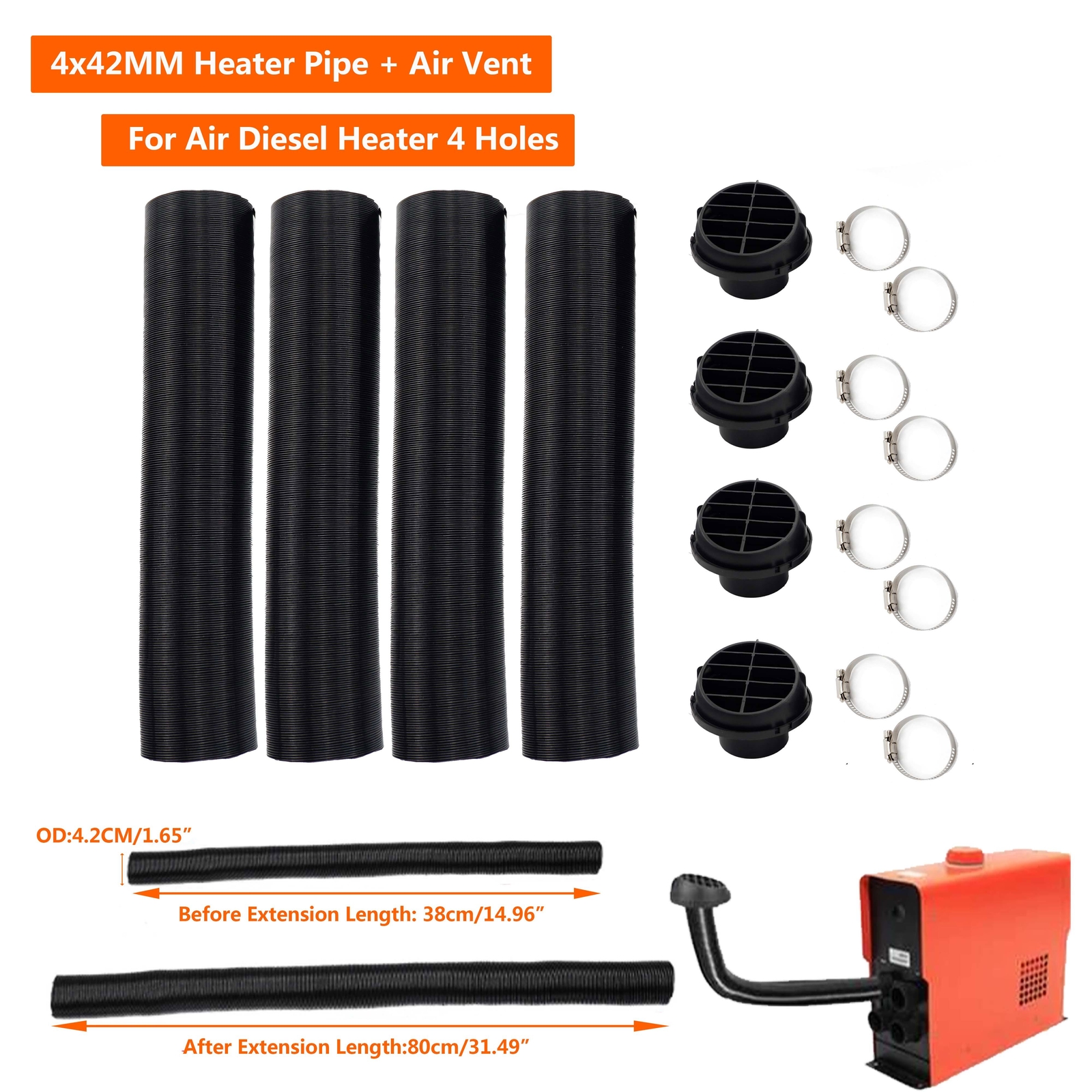42mm Diesel Heater Pipe Duct Hose Ducting Air Warm Outlet Vent Clips For Car