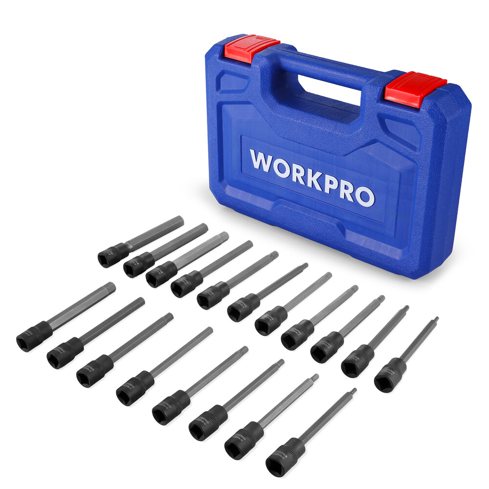 WORKPRO 19PCS Extra Long Torx Hex Bit Socket Set 3/8″ Drive Long Allen Star Bits