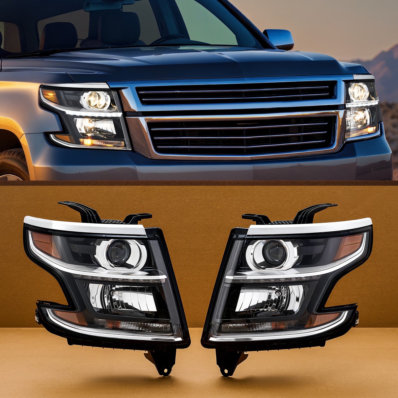 Projector Headlights for 2015-2020 Chevy Tahoe Suburban LED DRL Halogen LH + RH