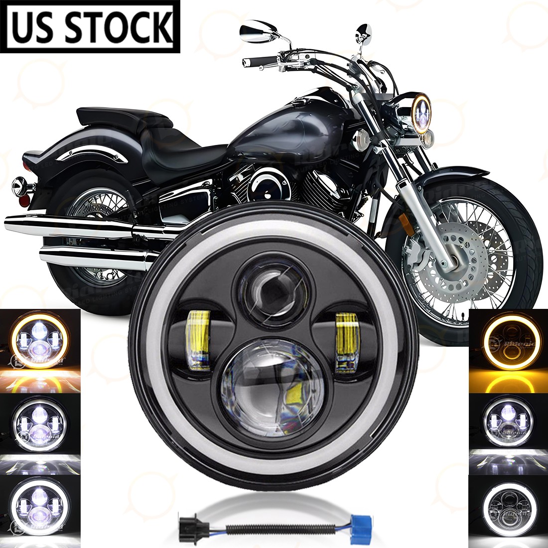 Halo 7″ inch LED Headlight for Yamaha V-Star XVS 650 950 1100 Classic Stryker