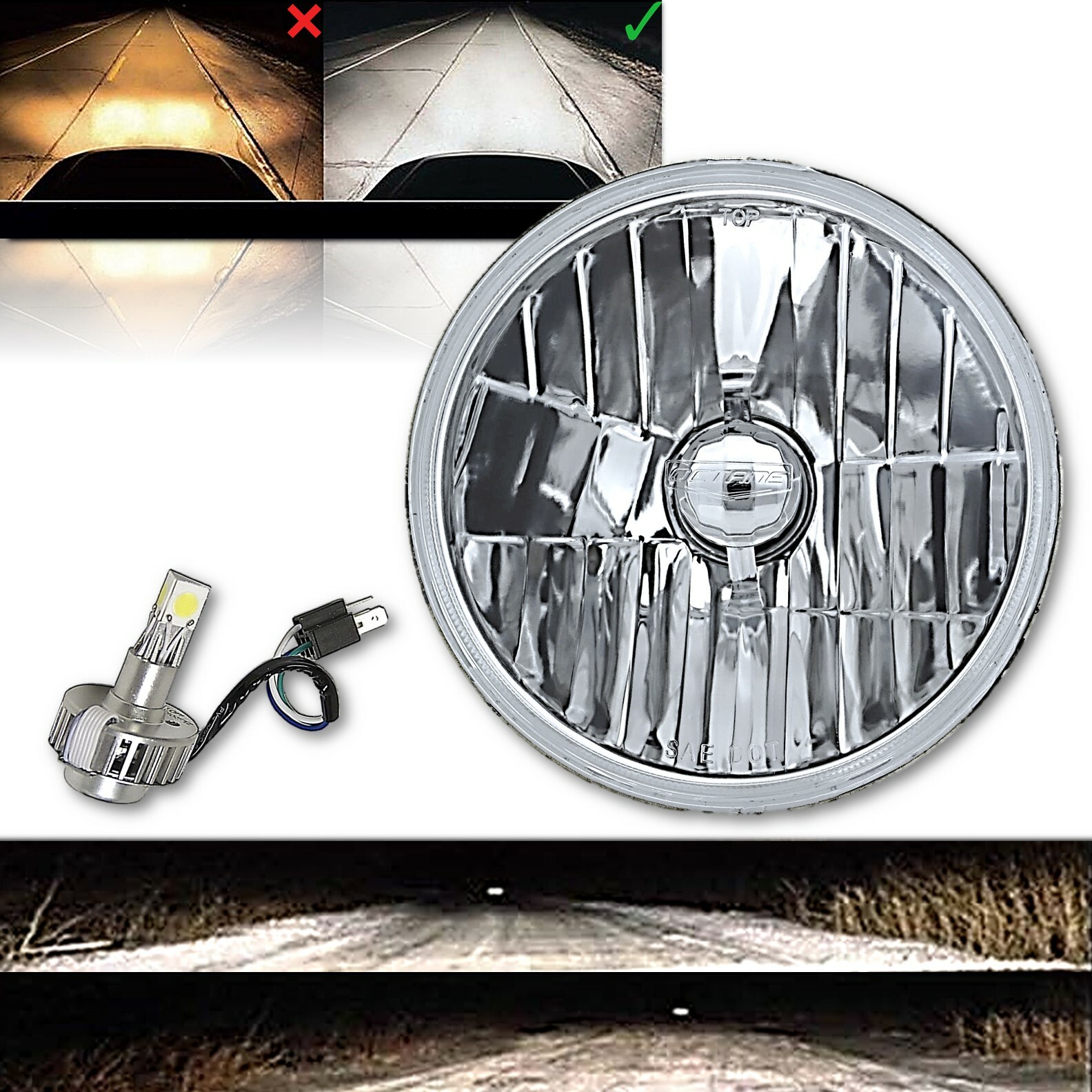 One 7″ Crystal Clear Glass Lens Metal 12v Headlight LED 6K 18/24w Light Bulb 1x