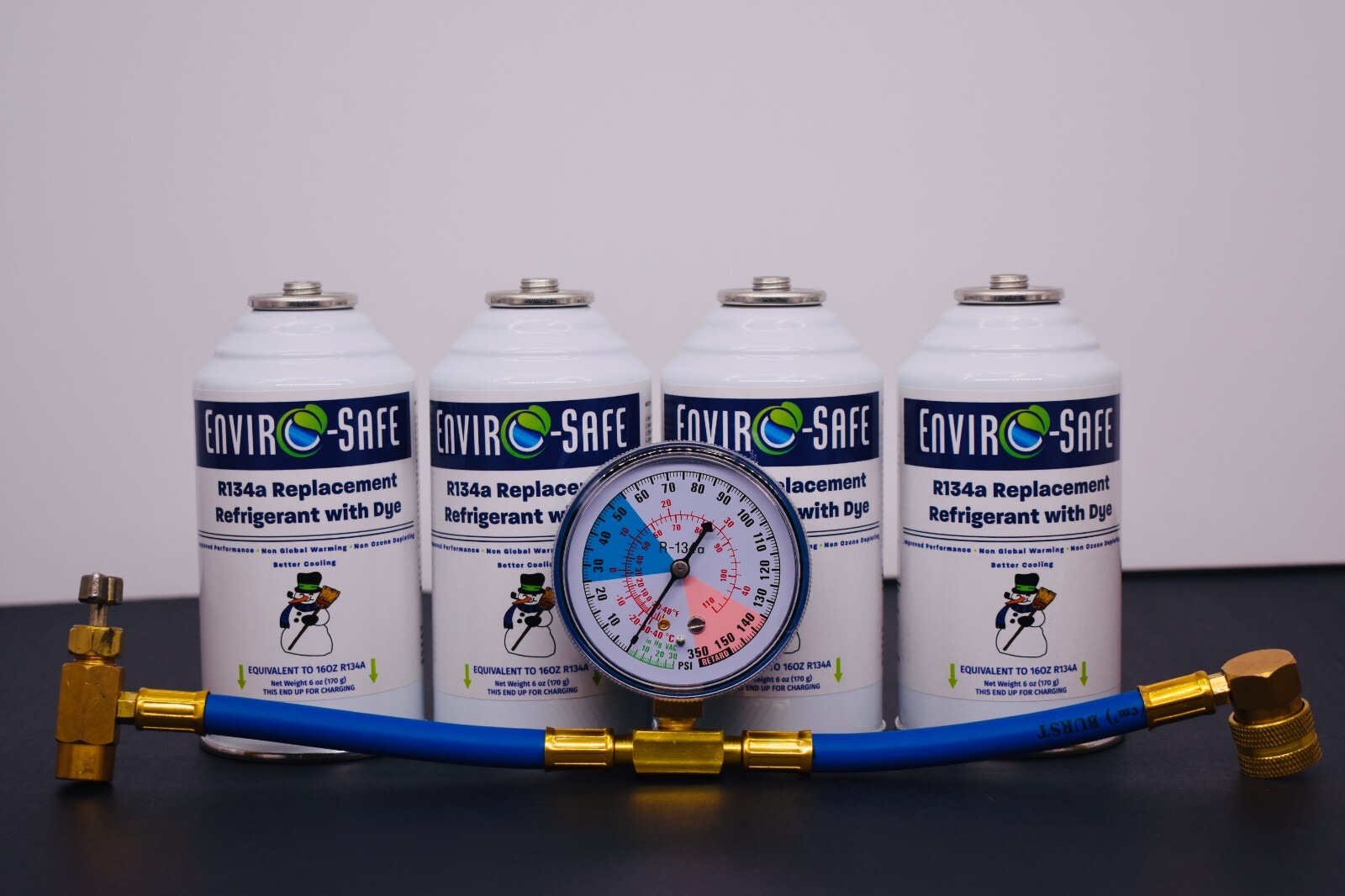 R134a Replacement Refrigerant with dye, 4 CANS, Brass Gauge.