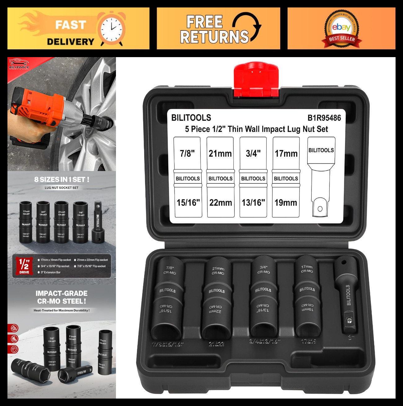 Lug Nut Socket Set 1/2″ Drive Non-Marring Impact Flip Thin Wall Metric & SAE 17-