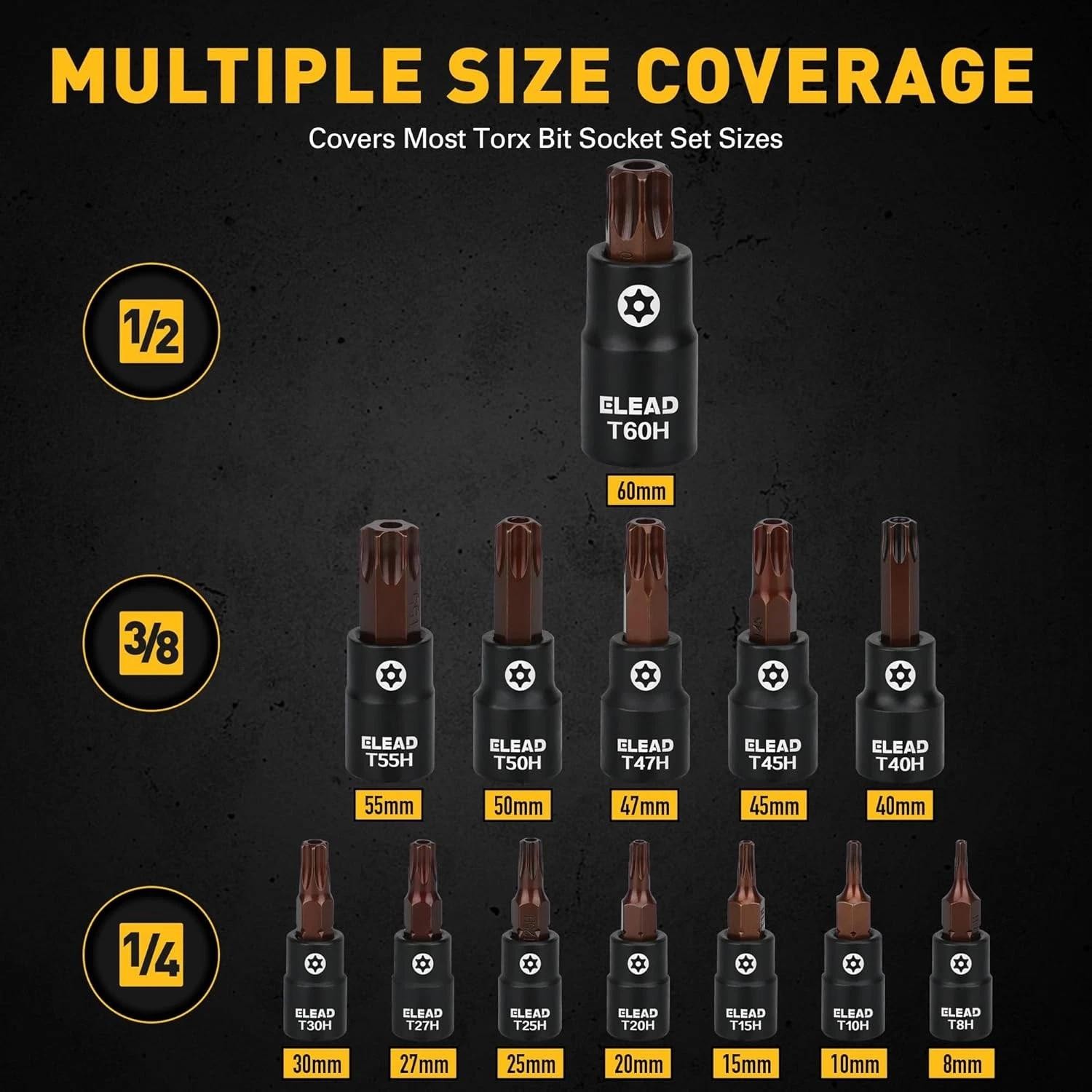 16pcs Torx Bit Socket Set T8-t60 S2 Steel Star Torque 1/4 3/8 1/2 Drive