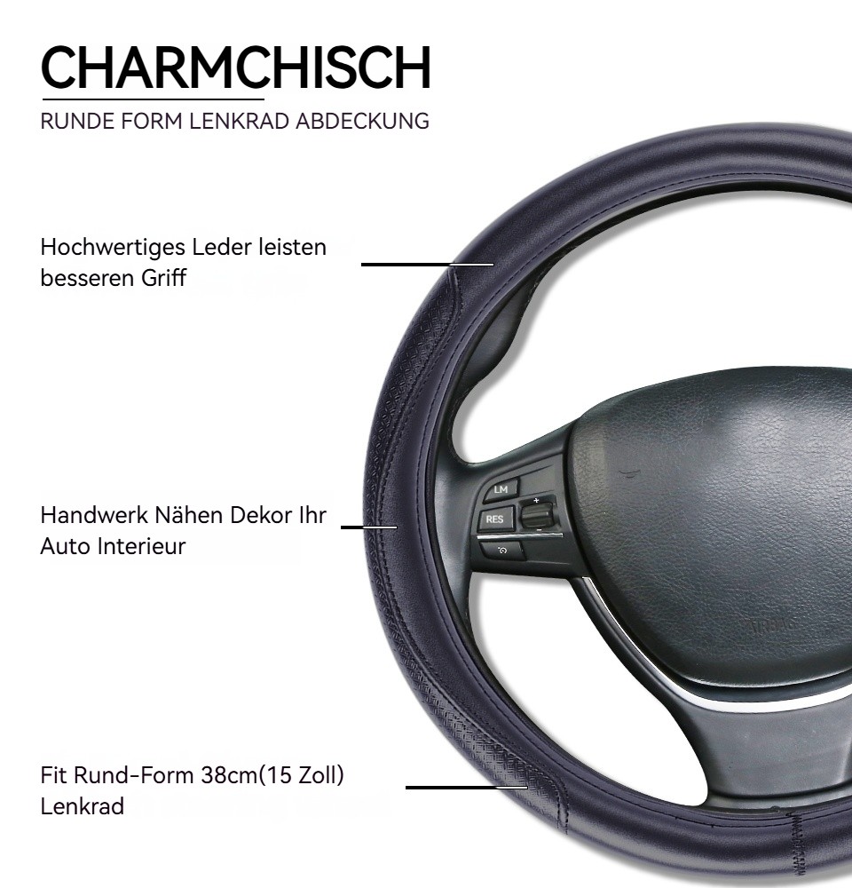 Black Cowhide Leather Car Steering Wheel Cover For GMC Sierra Round 15in/38cm
