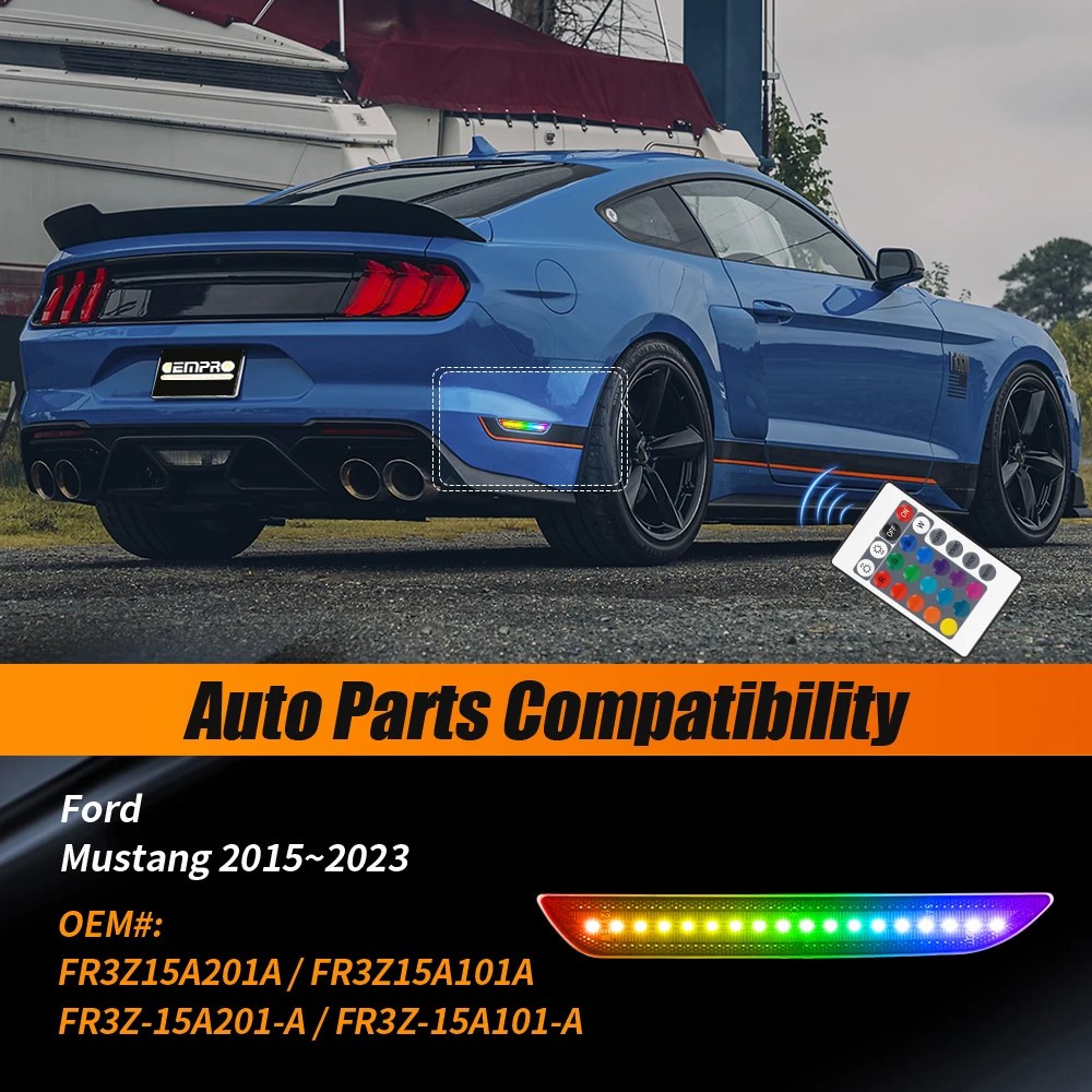For Ford Mustang 15-23 RGB Rear Fender Bumper LED Side Marker Lights Smoked Lens