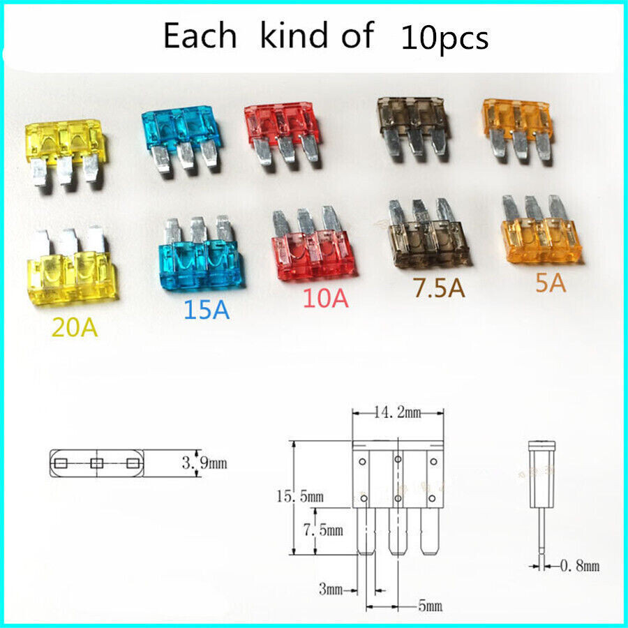 Car Fuse Holder Puller Blade Fuses For Auto SUV 3-Pin 5A 7.5A 10A 15A 20A 50Pcs