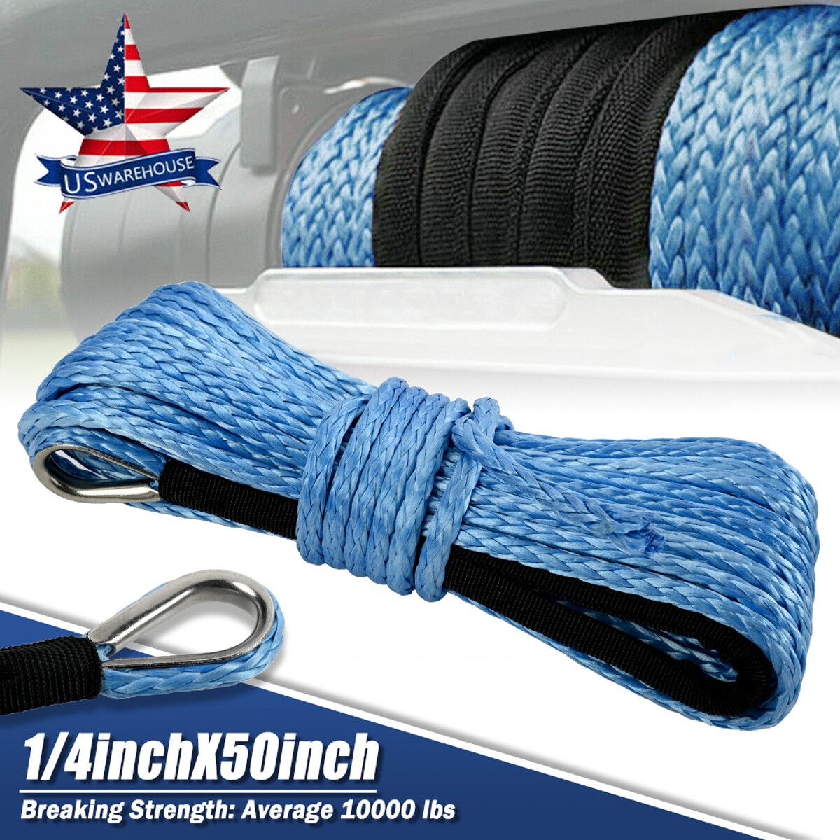 1/4″x50′ 10000LBS Synthetic Winch Rope Line Recovery Cable 4WD ATV Blue W/ Guard