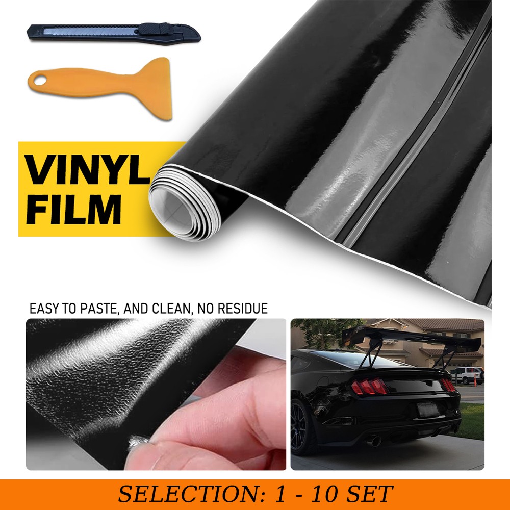 1-10 30cm x 1.5m Gloss Black Vinyl Wrap Bubble Free Auto Sticker w/Scraper Knife