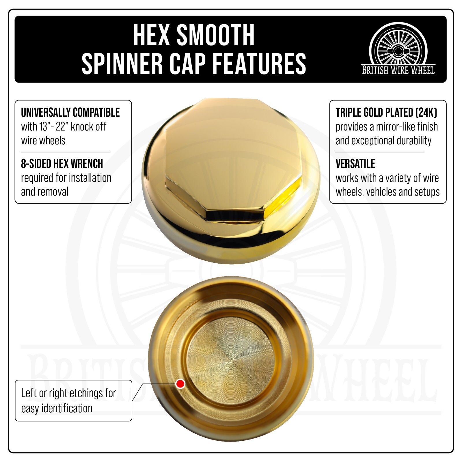 Hex Gold Knock Off Spinner Caps for Lowrider Wire Wheels, Set of 4 + Wrench