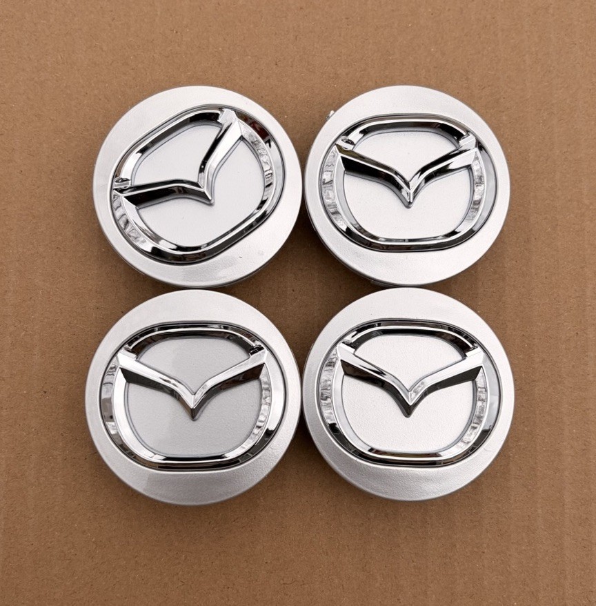 SET OF 4 MAZDA Silver CENTER WHEEL CAPS CHROME EMBLEM 56MM HUB CAP LOGO