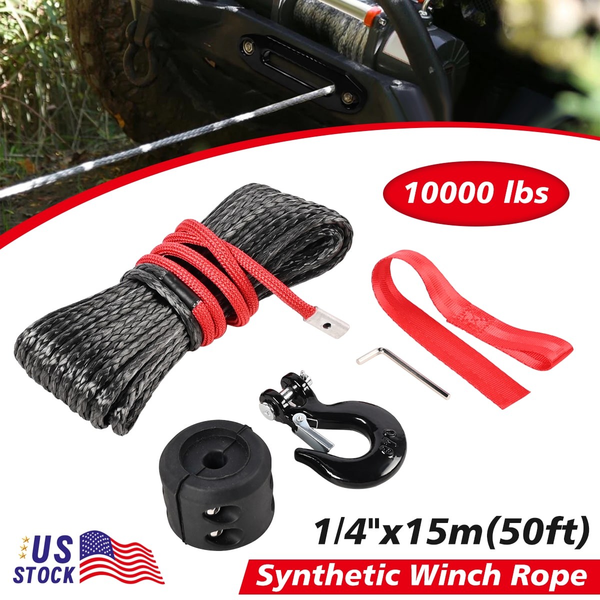 1/4″x50 ft Synthetic Winch Rope 10000LBS Winch Line Hook for ATV UTV Offroad