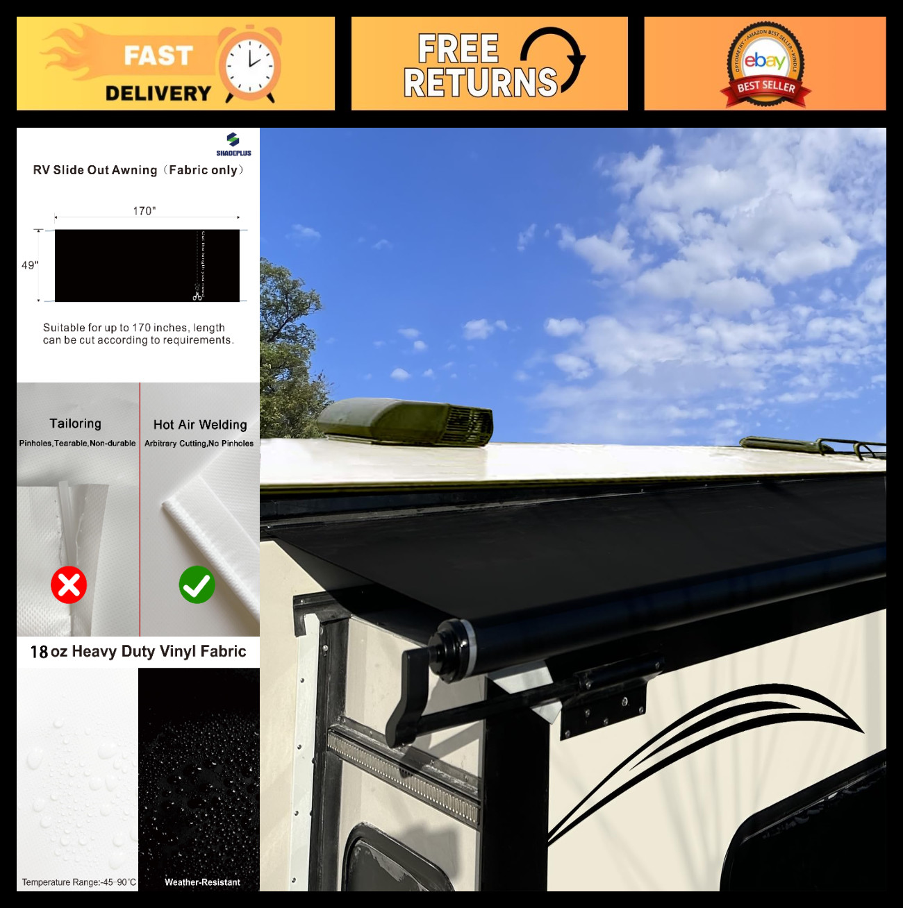 Universal RV Slide Out Awning Fabric Replacement – 49″ x 170″, Black Topper for