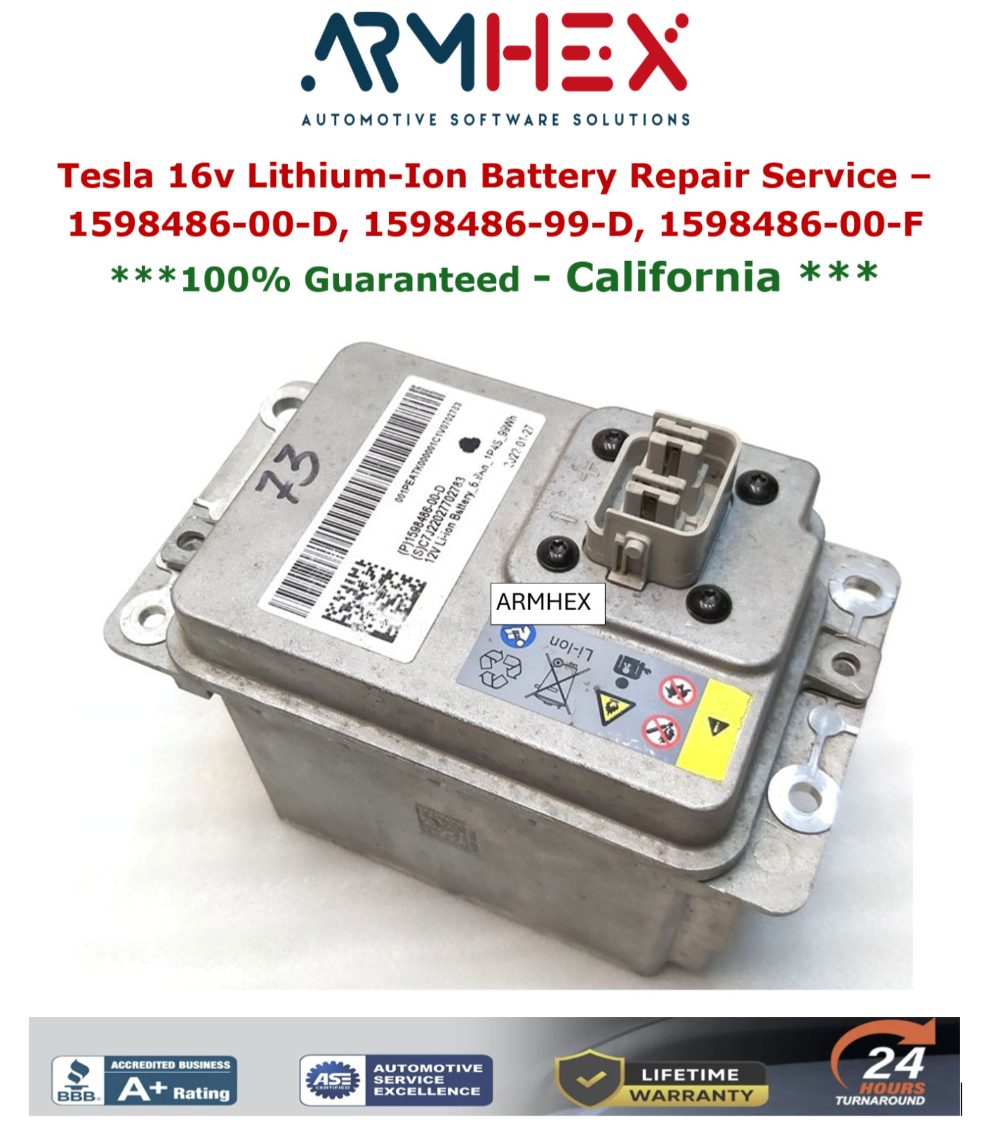 Tesla 1598486-99-D Lithium 16v Battery Reset Repair Service Model S X Y 3 – CA