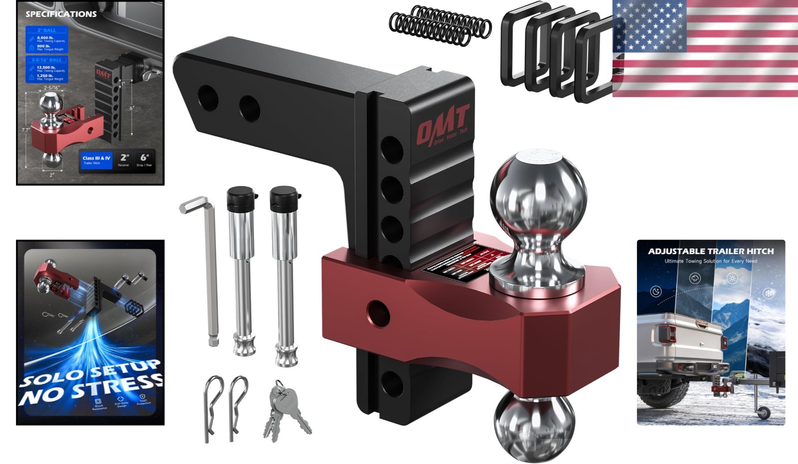 Adjustable Hitch 2″ Receiver 6″ Drop/Rise Dual Ball 8000-12500 Lb GTW