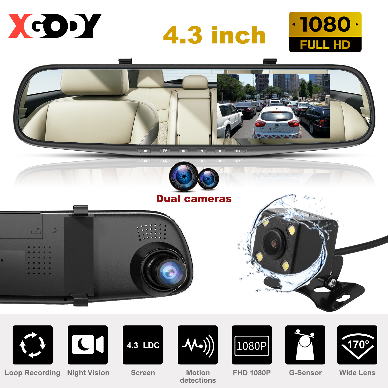 4″ Full Touch HD 1080P Car Dual Lens DVR Rear View Mirror Video Dash Camera Cam
