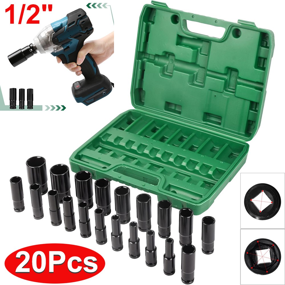 20PCS 1/2 Inch Impact Sockets Set Drive Metric 8mm-32mm Deep 6-Point Set w/ Case