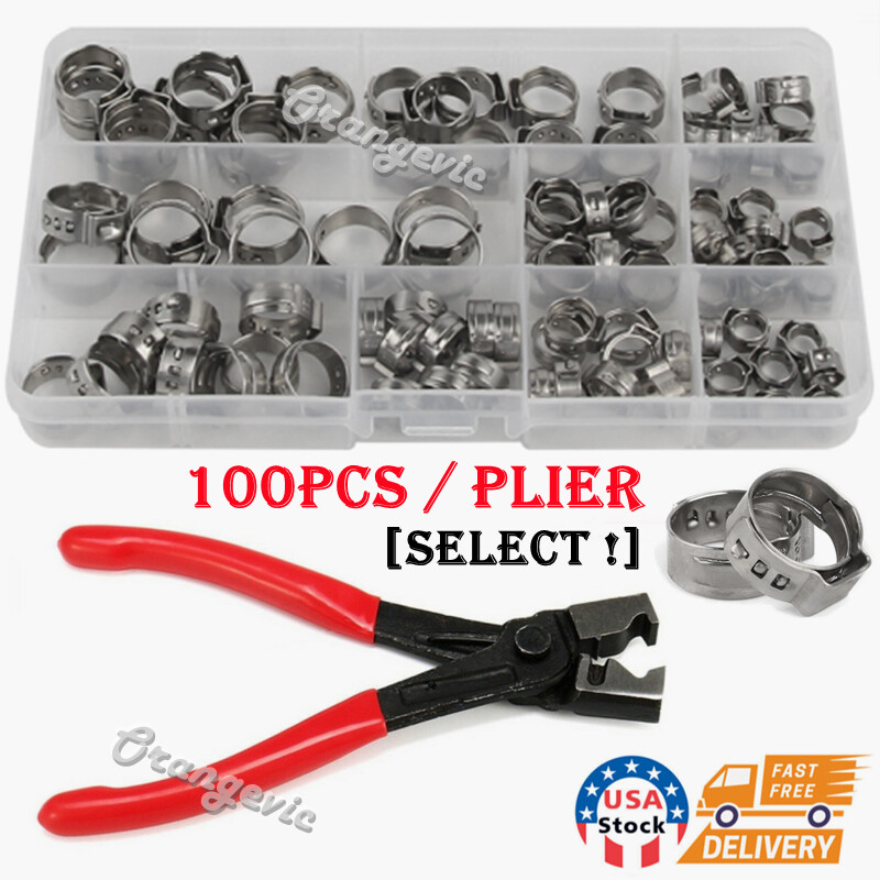 100PCS Hose Clamp Assorted Stainless Steel Ear Cinch Rings Crimp Pinch Plier Set