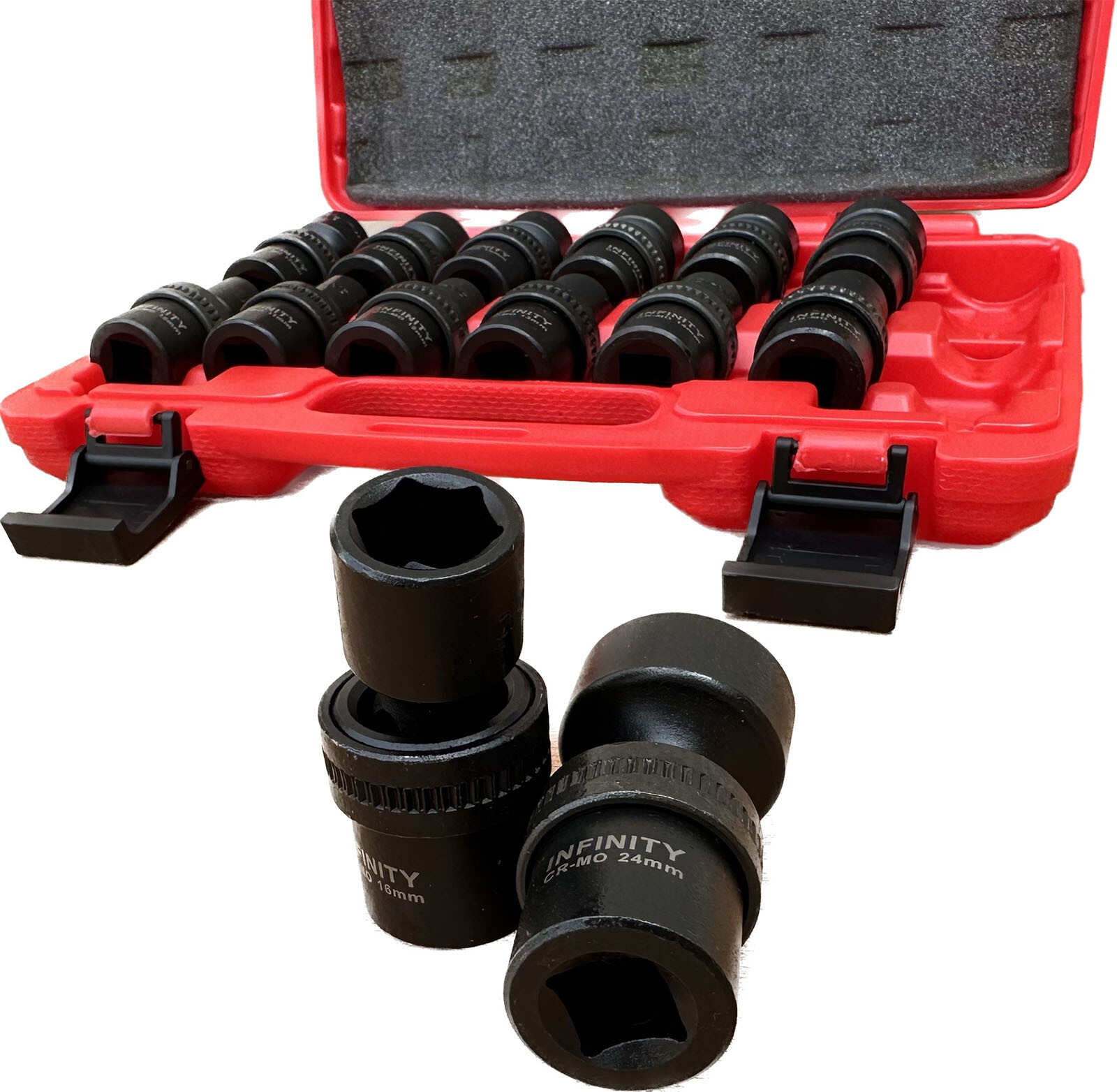 1 /2″ Dr. 14pc 10-24mm 6pts Cr-MO Swivel Shallow Universal Impact Socket Set