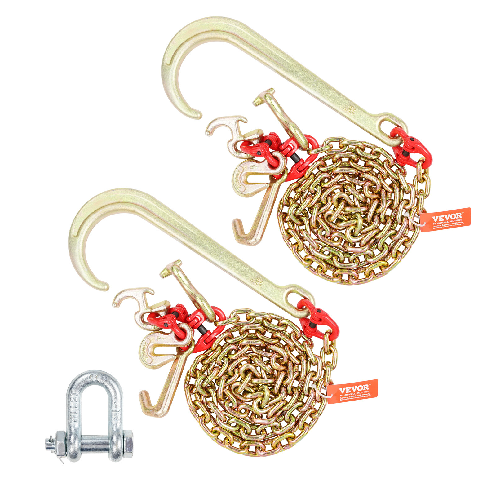 VEVOR 2PCS 5/16″x6′ G80 Tow Chain 15″ J Hook Long Shank RTJ & Grab Hooks Wrecker