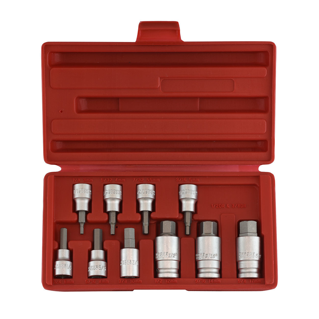10pc CR-V Drop Forged SAE 3/8″ & 1/2″ Drive Hex Key Allen Head Socket Bit Set