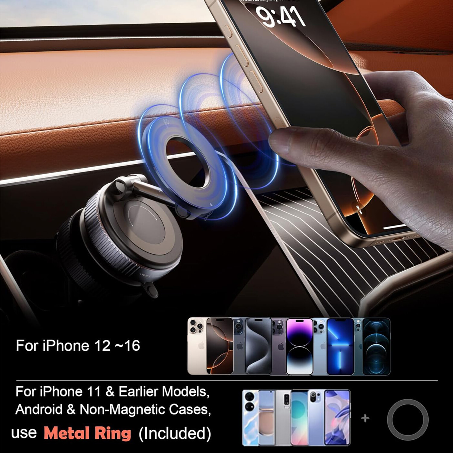 360° Adjustable Magnetic Vacuum Suction Cup Car Phone Holder Mount for MagSafe