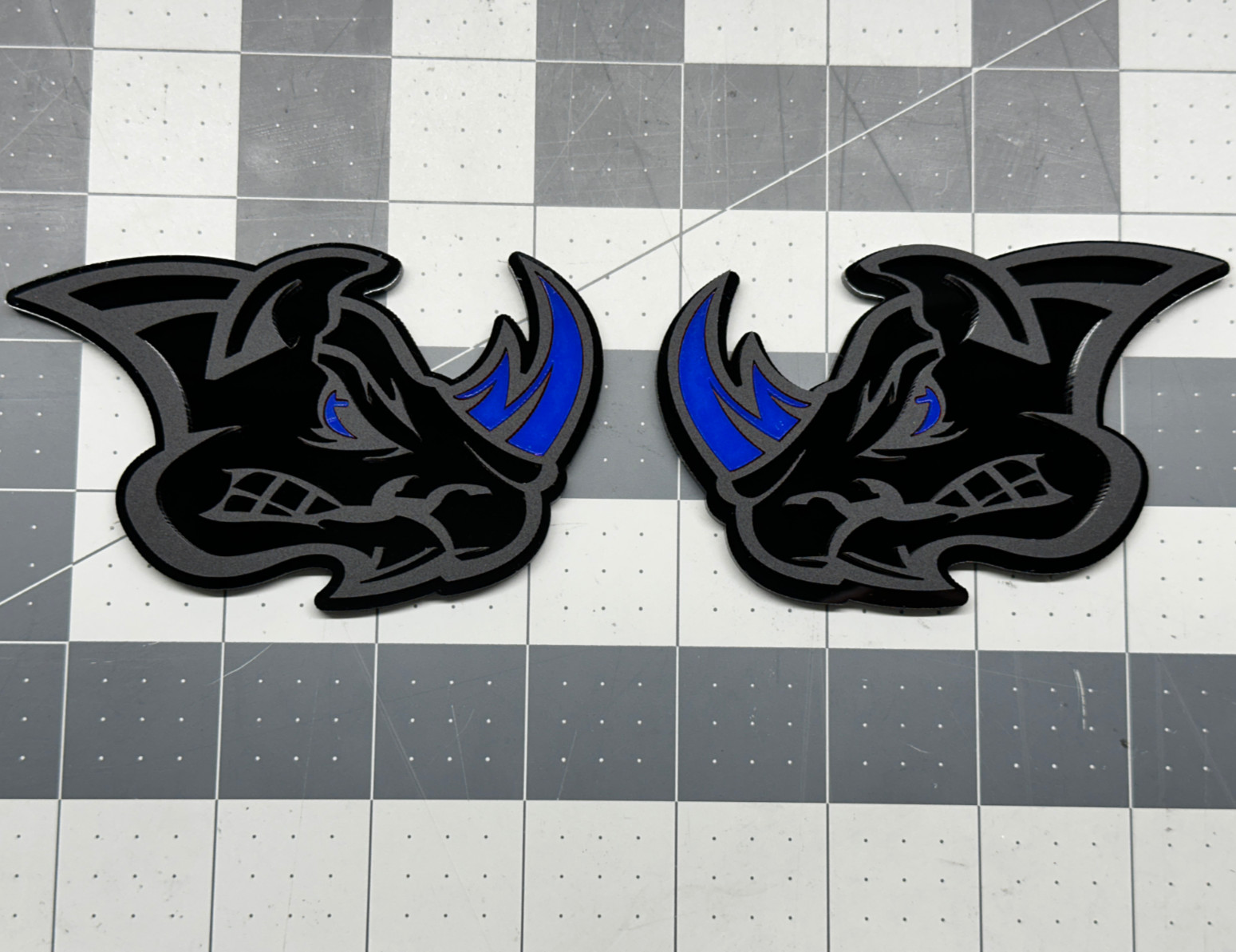 Pair Angry Rhino Drk Blue Horn Black on Black Car Emblem Badge Custom Aggressive