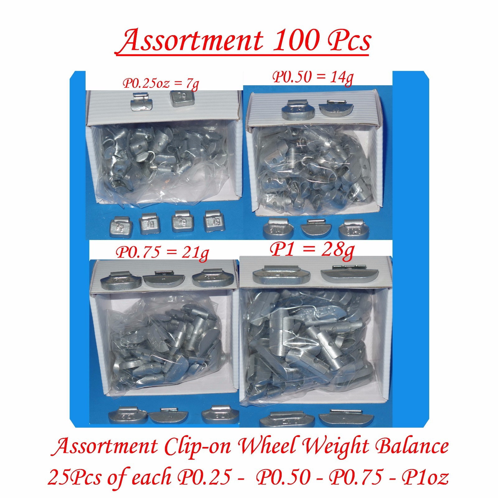 100 Pcs ASSORTMENT CLIP-ON WHEEL WEIGHT BALANCE P STYLE P0.25 P0.50 P0.75 P1oz