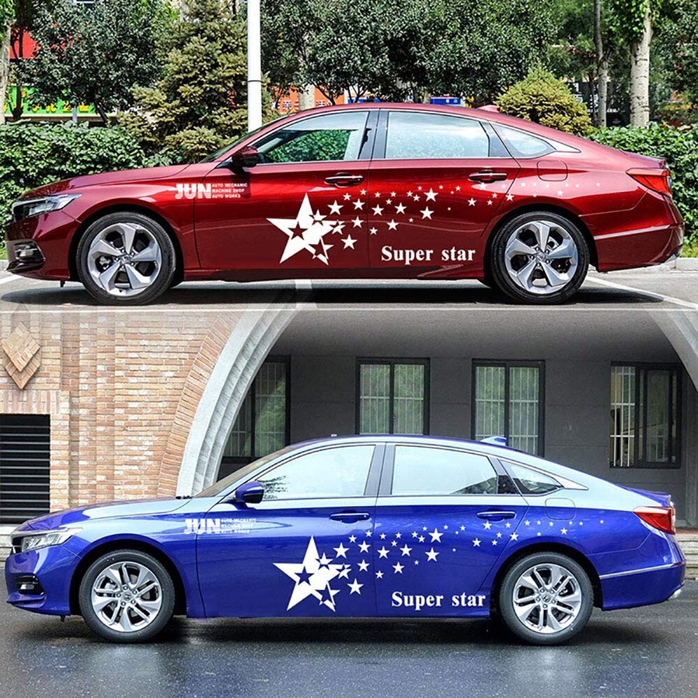 2 Pcs White Long Racing Stripes Vinyl Decal Sticker Star Graphics Car Side Body
