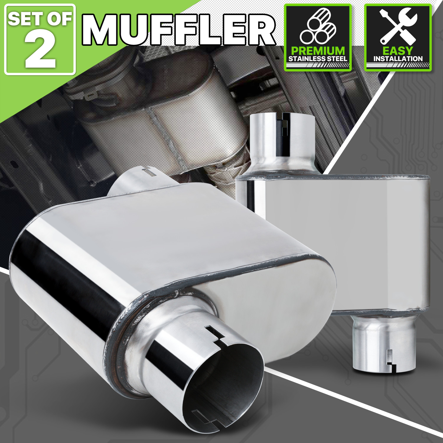 2 Pcs Chrome Stainless Steel 2.25″ Offset Inlet/Outlet Chambered Exhaust Muffler