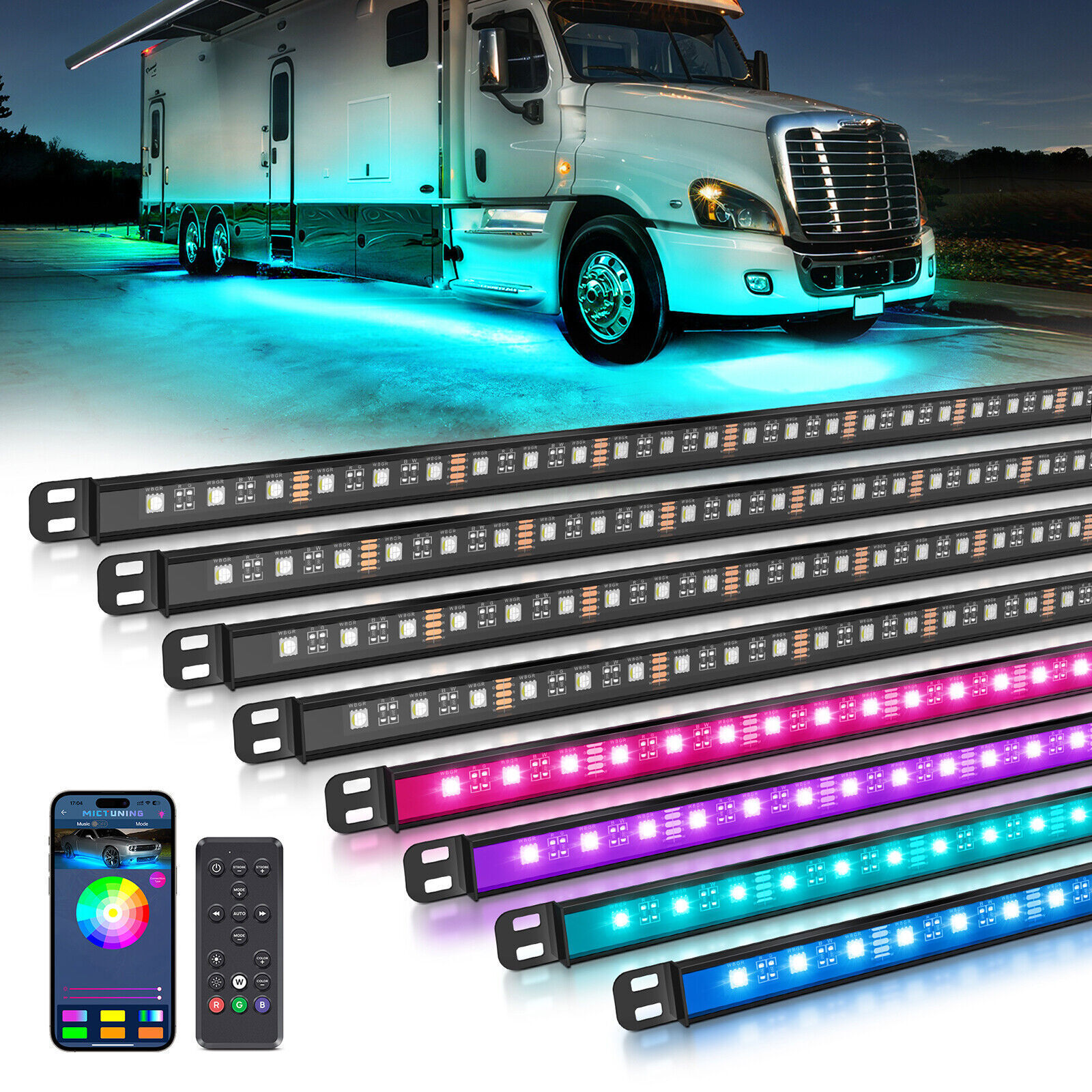 MICTUNING 8PCS LED Underglow Lights Bar RGBW Neon Underbody Light Strips for RVs