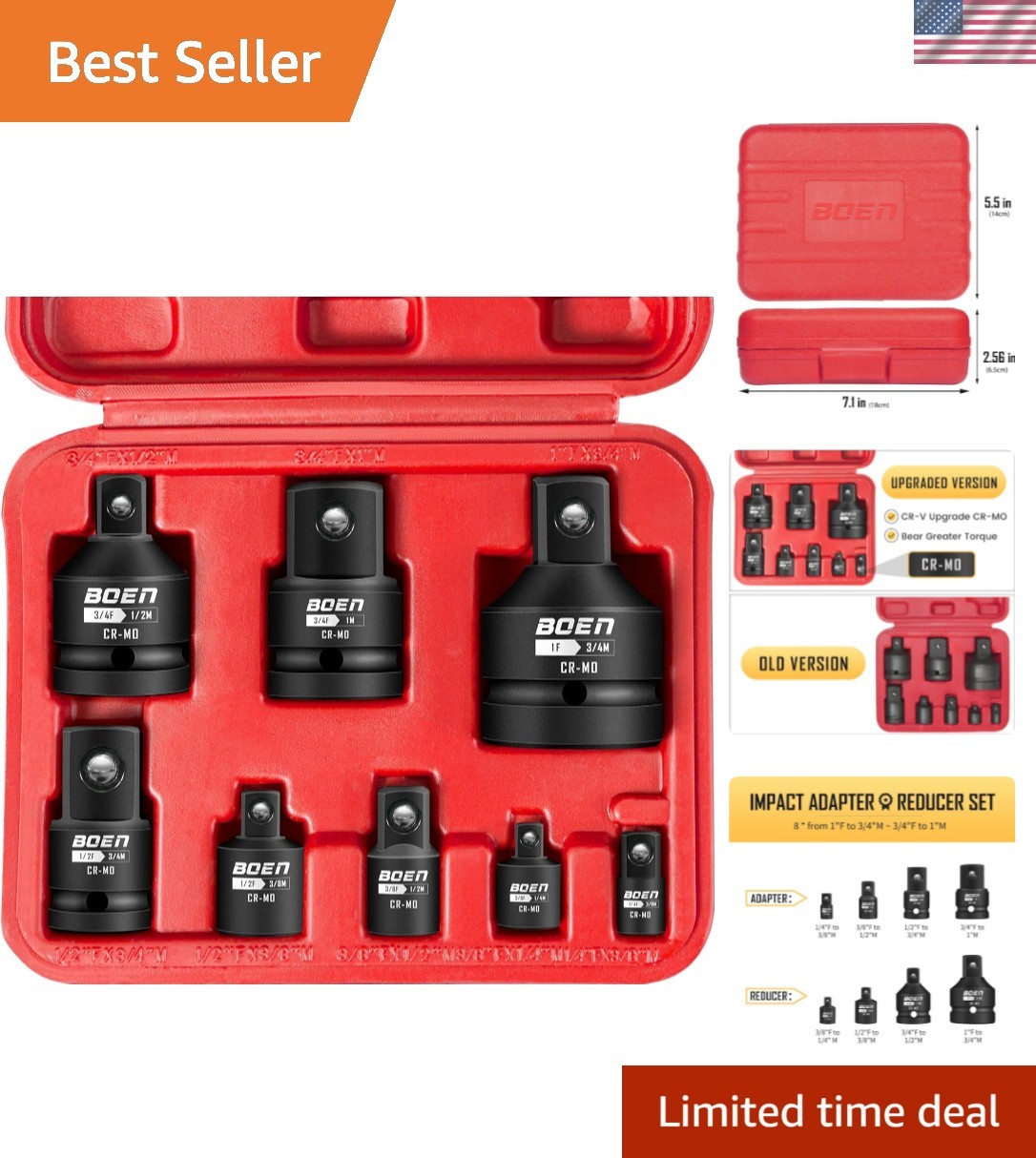 8 Piece Impact Socket Adapter and Reducer Set, 1/4″ 3/8″ 1/2″ 3/4″ Drive Sock…