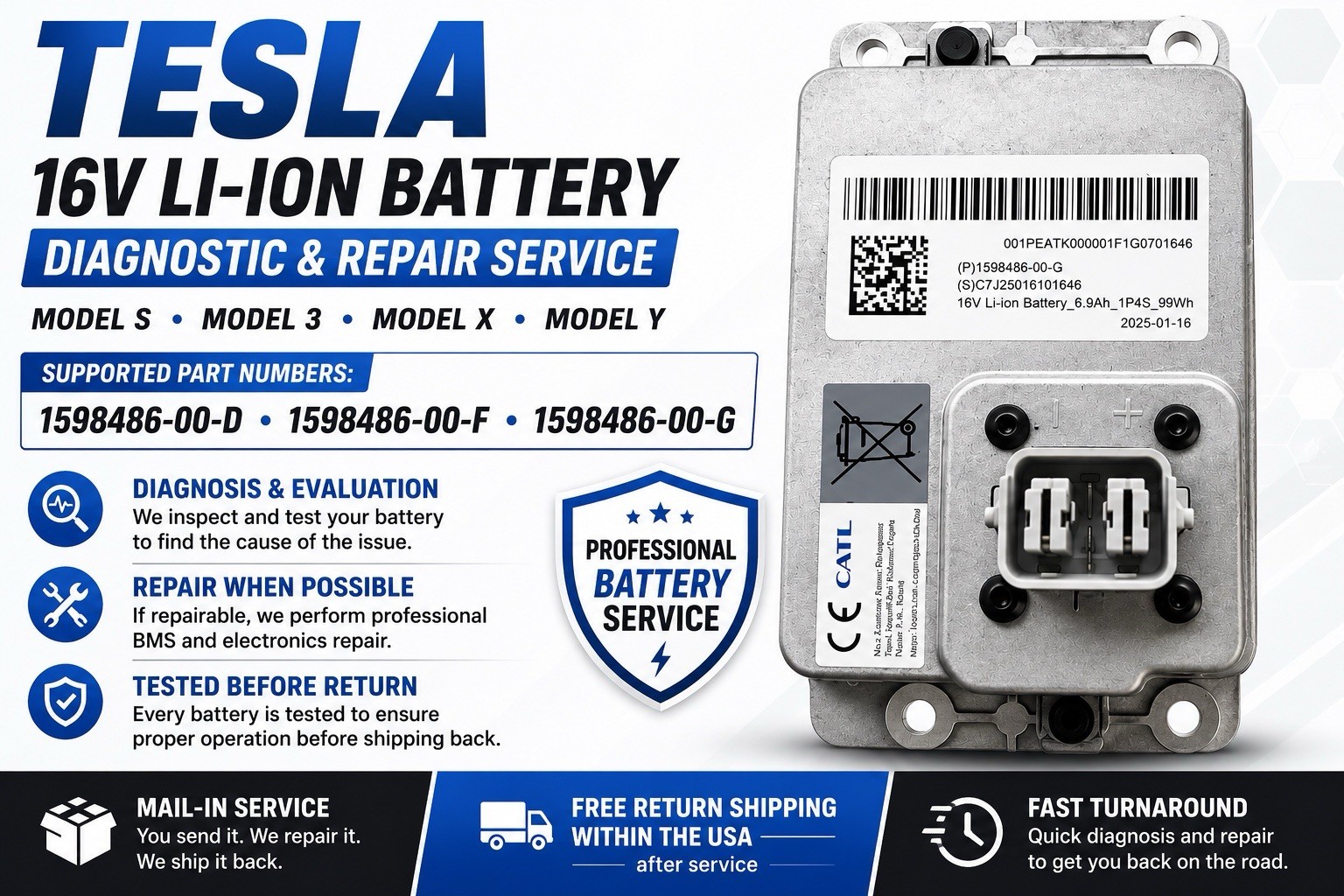 Repair Service Tesla S 3 X Y 2021 2022 2023 16V Li-ion Lithium Ion Battery
