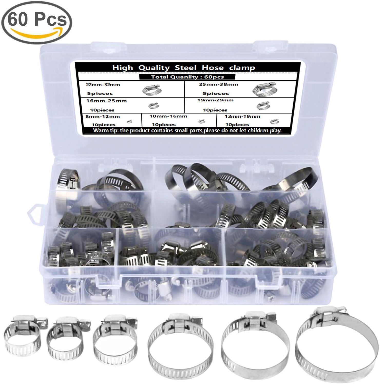 60 PCS Adjustable Hose Clamps Worm Gear Stainless Steel Clamp Assortment 8-38mm