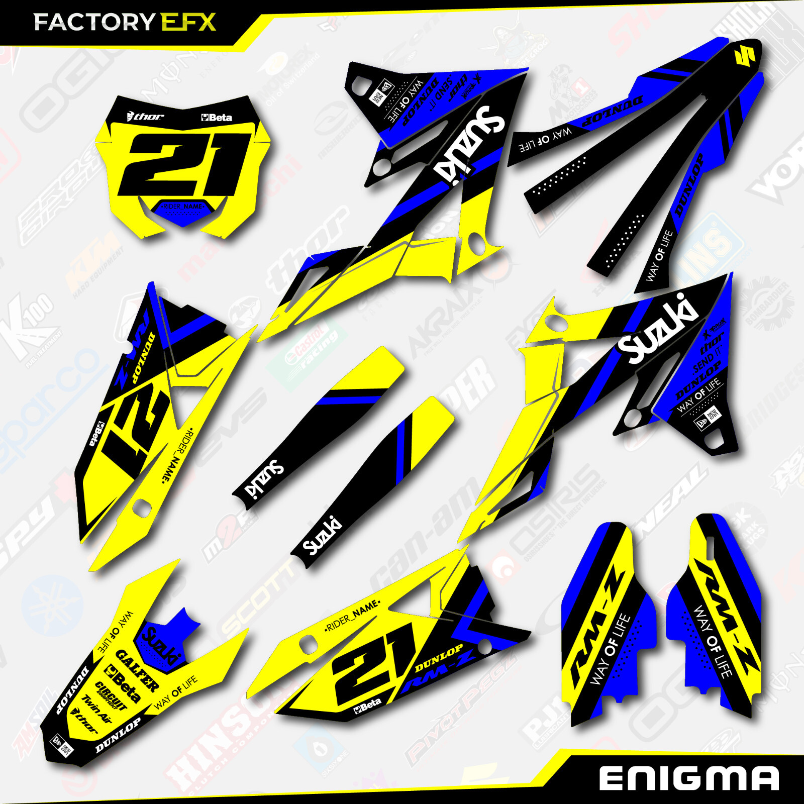 Yellow & Blue Enigma Racing Graphics Kit fits 18-24 Suzuki RMZ450 Decal RMZ 450