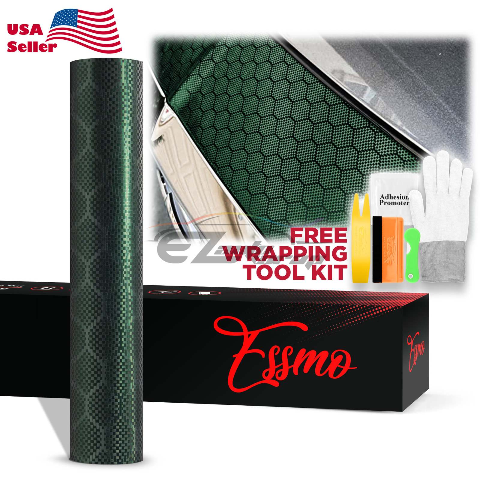 PET Honeycomb Carbon Fiber Satin Venom Green Hex Vehicle Vinyl Wrap Decal Sheet