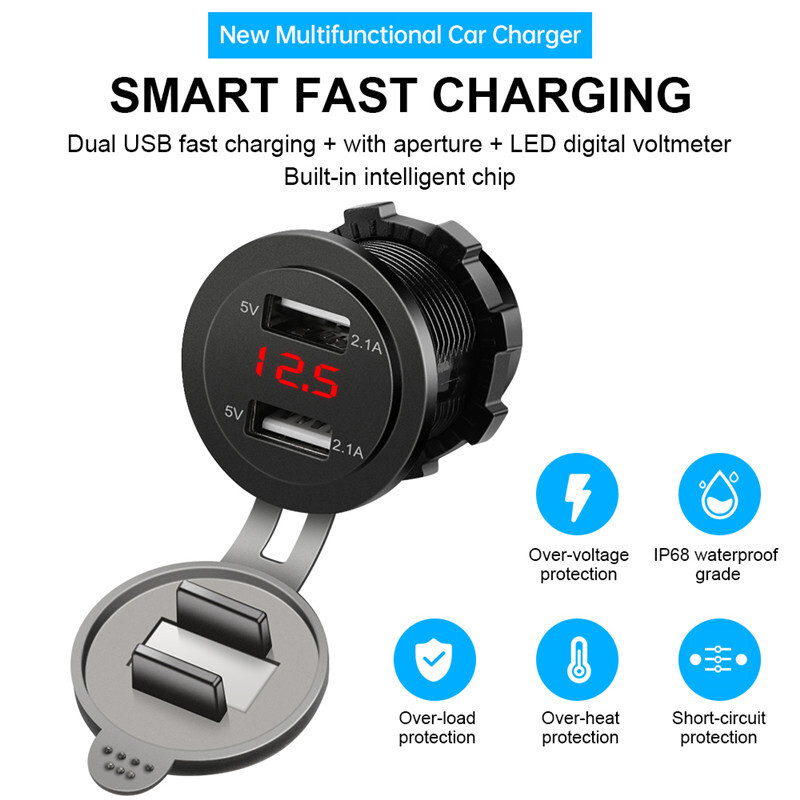 5V 2.1A Waterproof Dual Ports USB Charger Socket Adapter Power Outlet Voltmeter