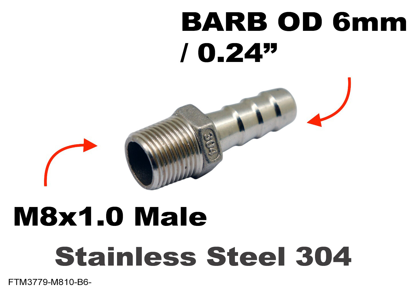 M8x1.0 Male to BARB OD 6mm / 0.24″ Stainless Tail Adaptor Hose Connector