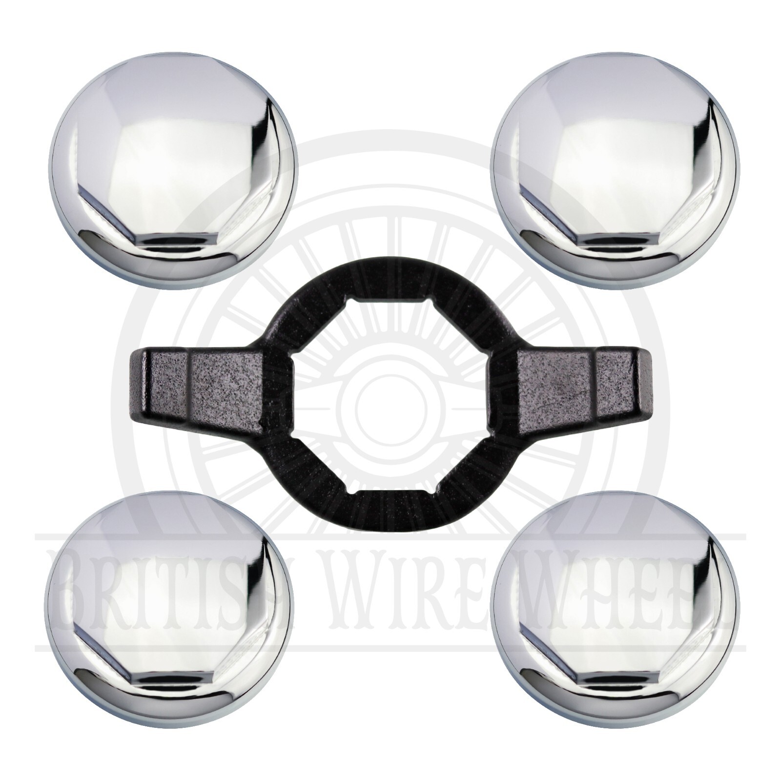 Hex Chrome Knock Off Spinner Caps for Lowrider Wire Wheels, Set of 4 + Wrench