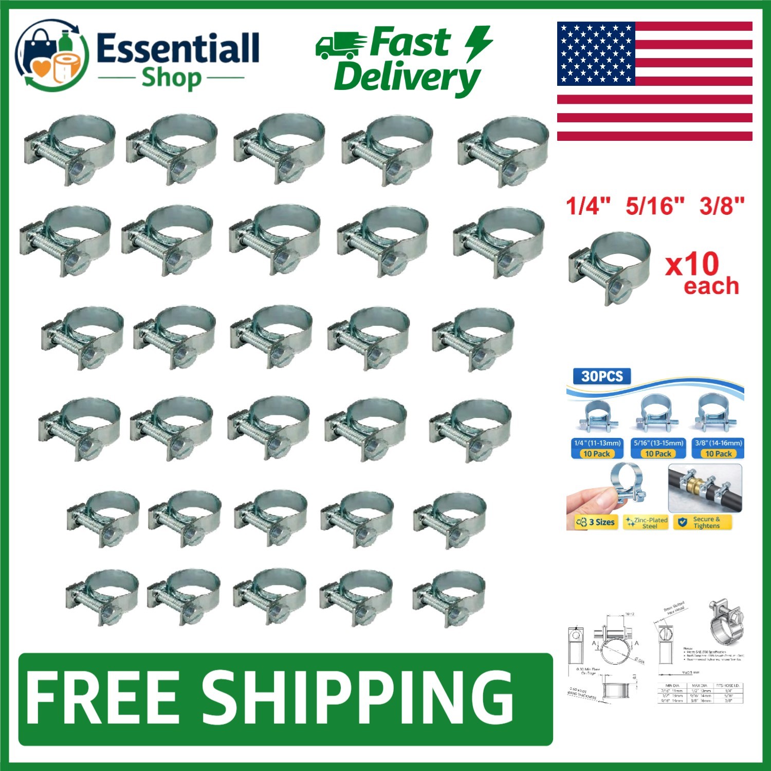 30pcs Hose Clamp Kit – 1/4″, 5/16″, 3/8″ Zinc-Plated Steel for Automotive & More