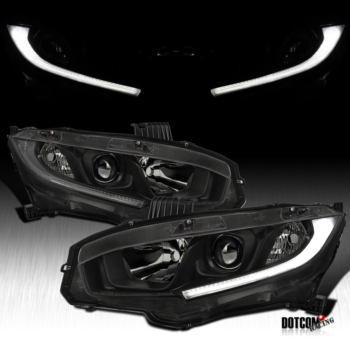 Fit 2016-2021 Honda Civic Black Smoke Halogen Type Projector Headlights LED Bar