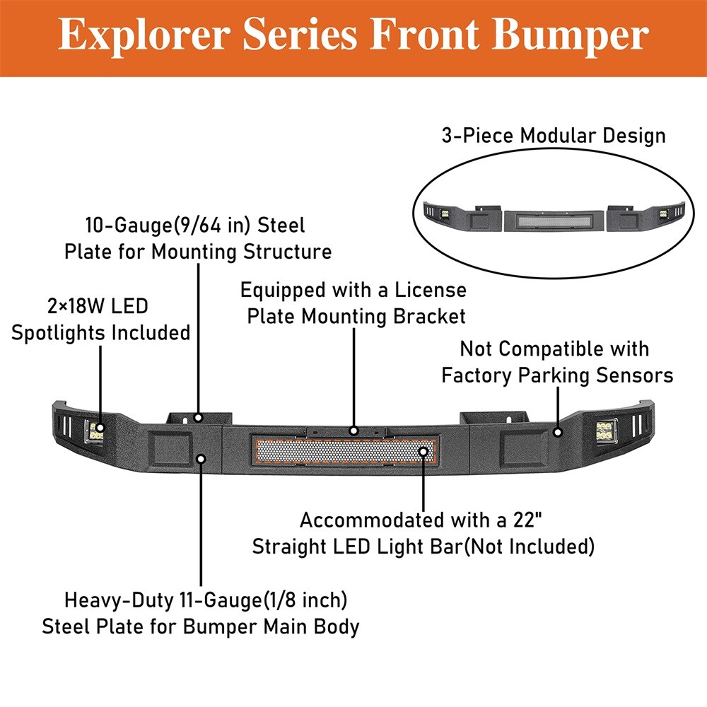 Hooke Road Steel Front Bumper or Rear Bumper Black for Dodge Ram 1500 2013-2018