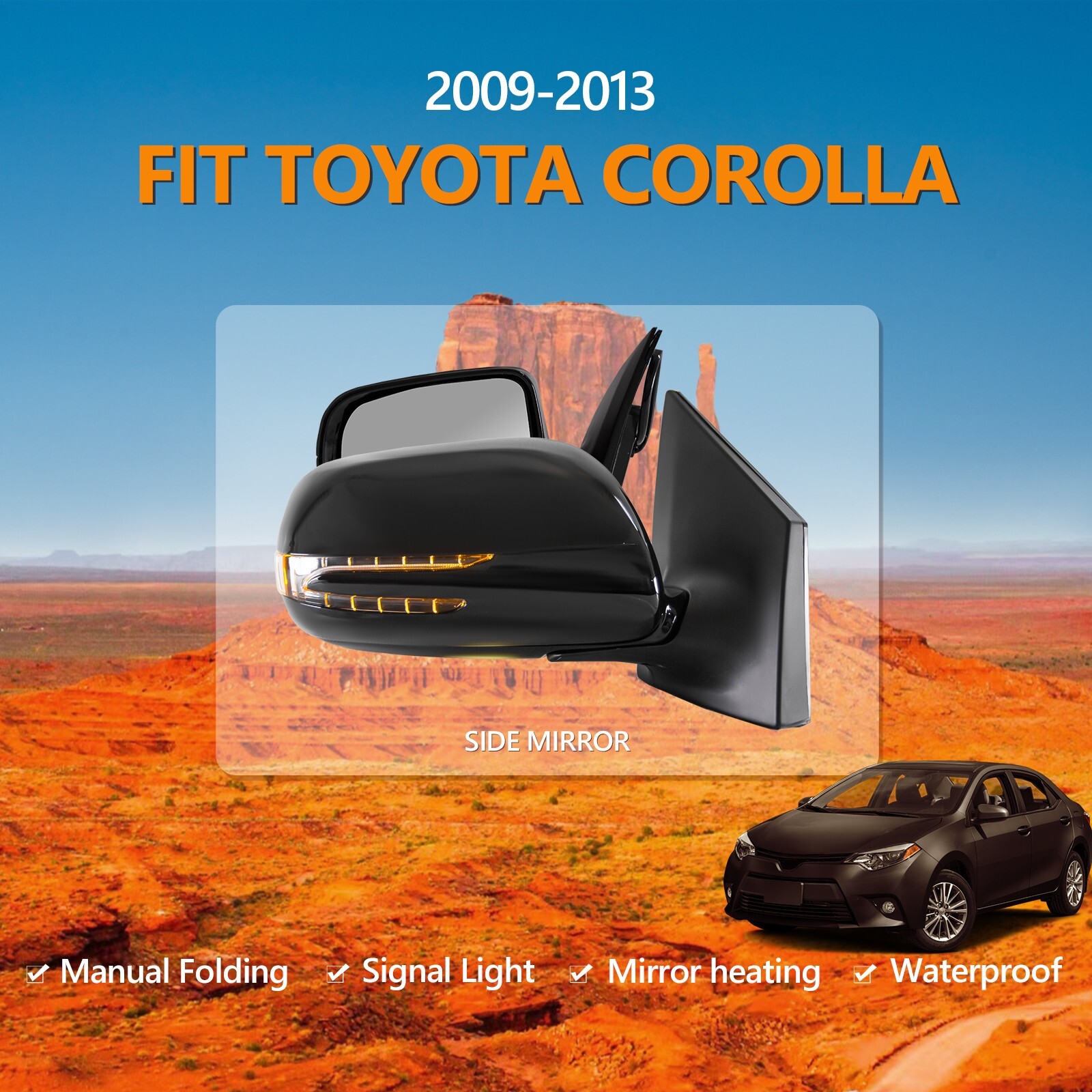 For 2009-2013 Toyota Corolla Side Mirrors Folding Pair LED 5 Pins Black