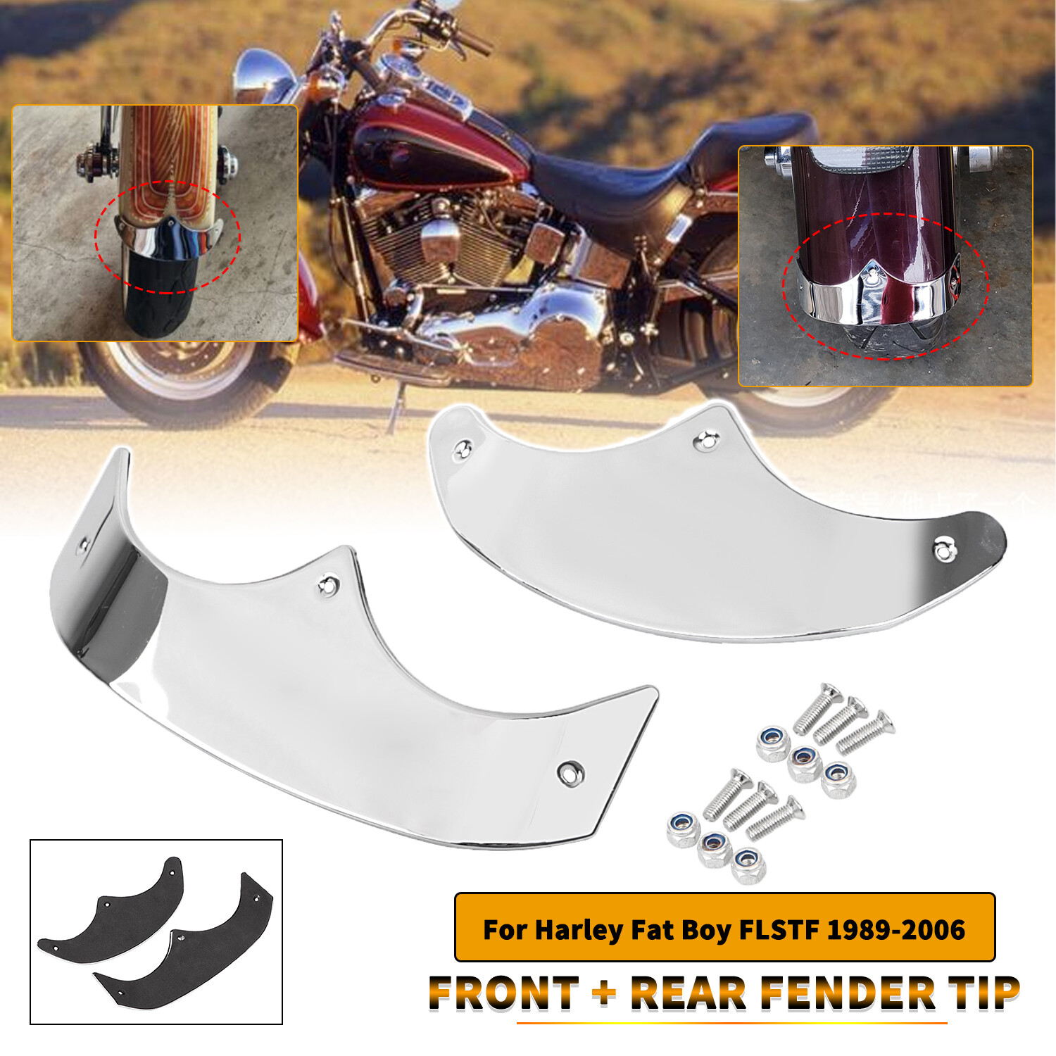Chrome Stainless Steel Front Rear Fender Tip Trim Kit For Harley FLSTF 1989-2006