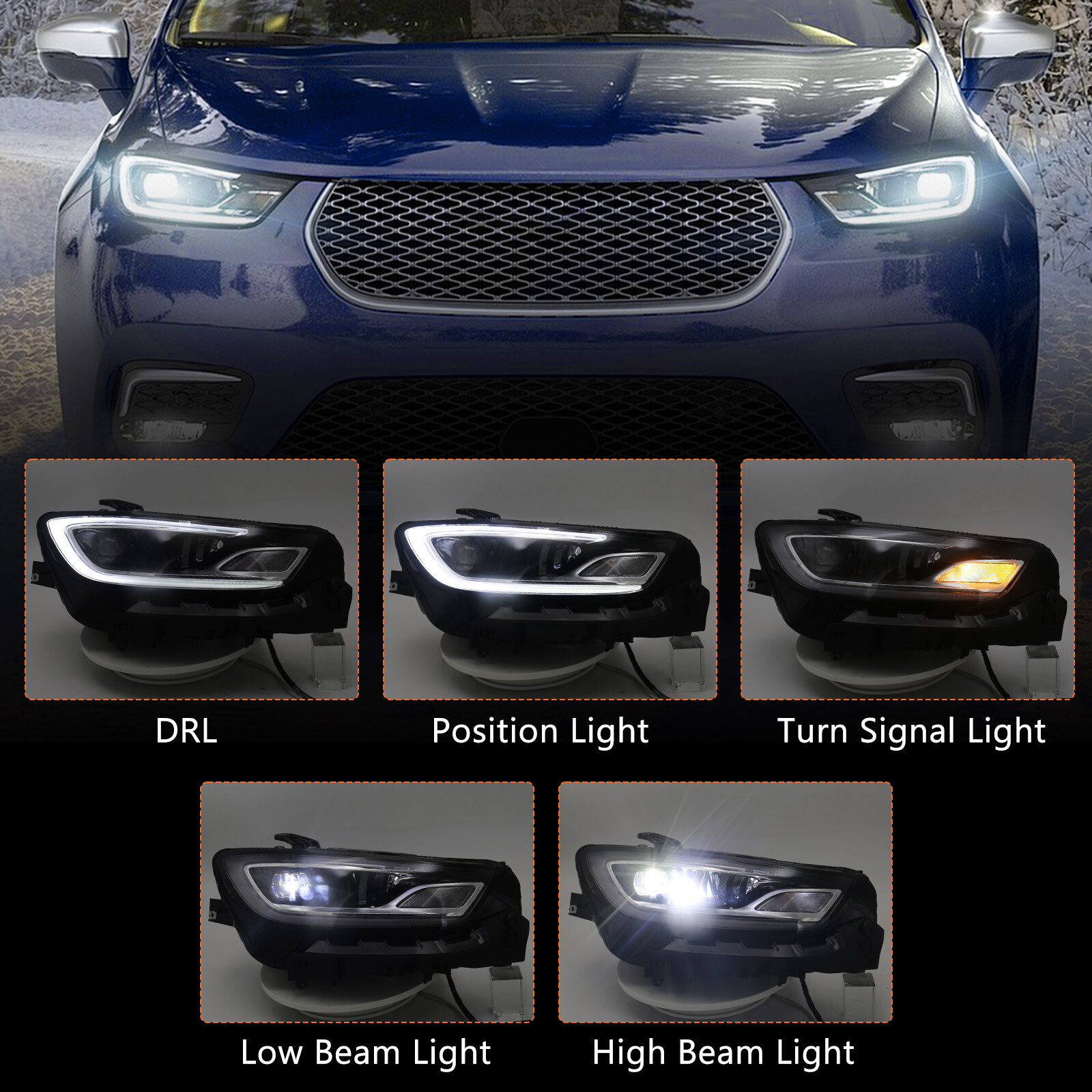 Pair For 2021-2024 Chrysler Pacifica LED DRL Projector Headlights Headlamps