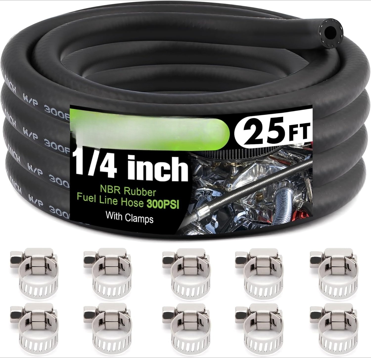 1/4-inch Fuel Hose with 10 Clamps Suitable for Fuel System Engine Piping Hoses