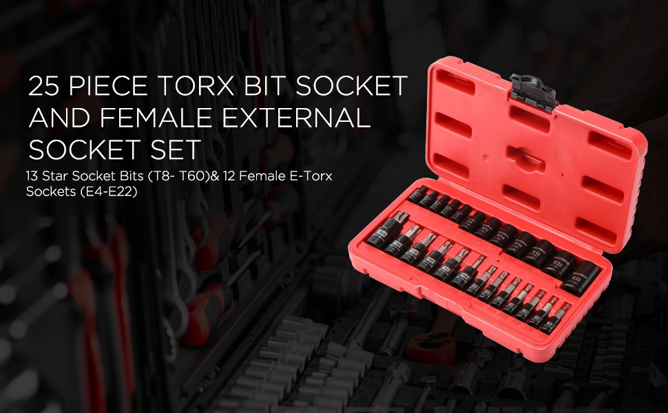 25PACK Torx Bit Socket and External Socket Set 13 T8-T60 & Female E-Torx Sockets