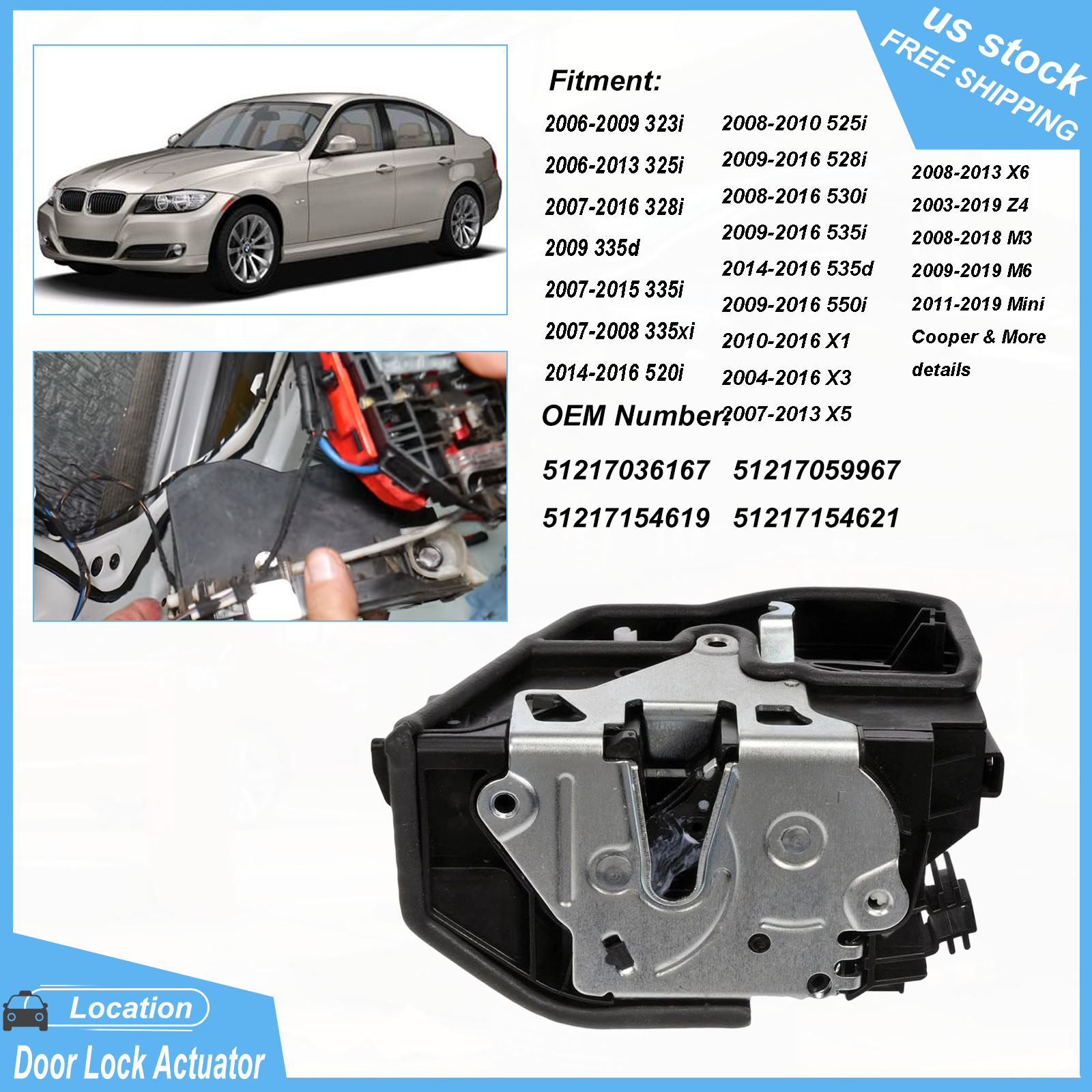 Door Lock Actuator Front Left for BMW 323i 328i 528i 535i 740i 750i X5 Z4 E90